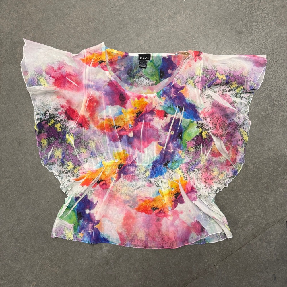rue21 Womens XL Watercolor Floral Butterfly Sleeve Chiffon Blouse Cinched Waist